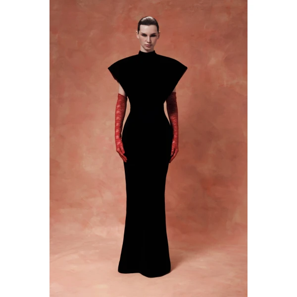 Rasario Velvet Maxi Dress with Sculptural Sleeves and Teardrop Back in Black, view 3