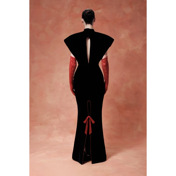 Rasario Velvet Maxi Dress with Sculptural Sleeves and Teardrop Back in Black, view 5