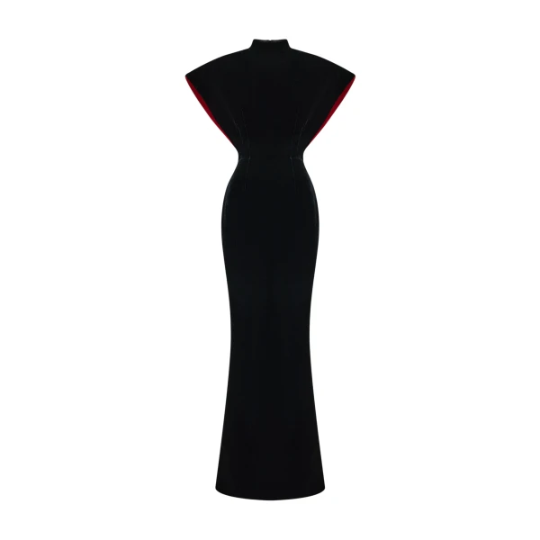 Rasario Velvet Maxi Dress with Sculptural Sleeves and Teardrop Back in Black