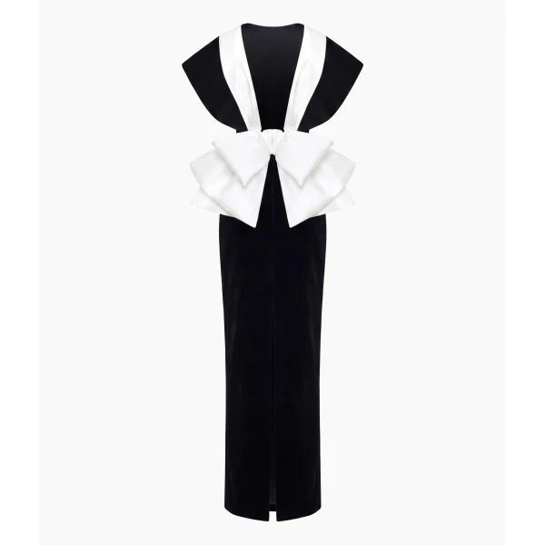 Rasario Velvet Maxi Dress with an Open Back and Satin Bow in Black, view 2