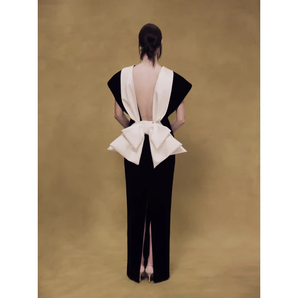 Rasario Velvet Maxi Dress with an Open Back and Satin Bow in Black, view 3