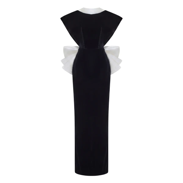 Rasario Velvet Maxi Dress with an Open Back and Satin Bow in Black