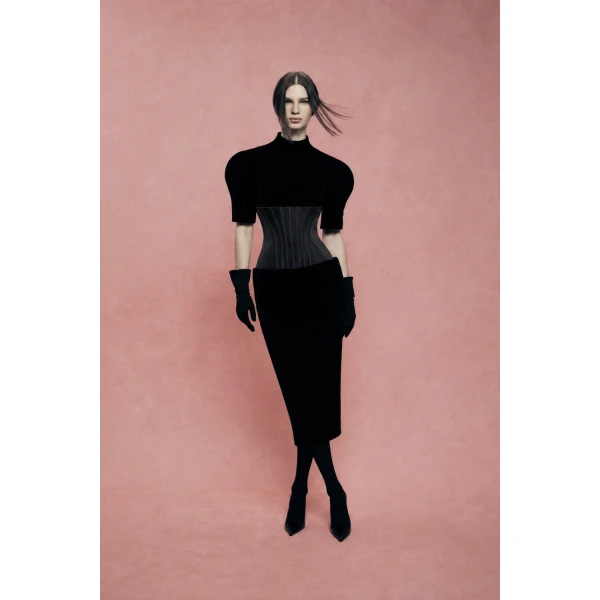 Rasario Velvet Midi Dress with Corset in Black, view 3