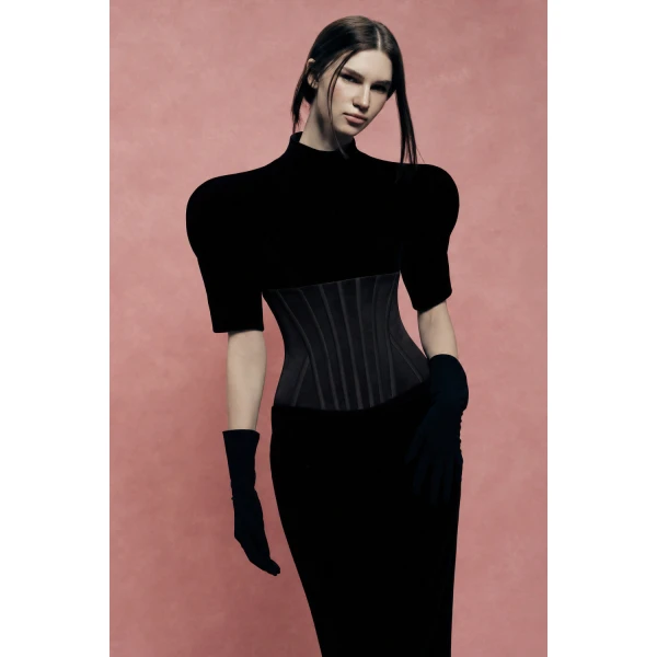 Rasario Velvet Midi Dress with Corset in Black, view 4