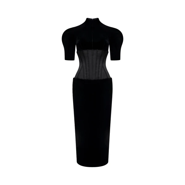 Velvet Midi Dress with Corset in Black