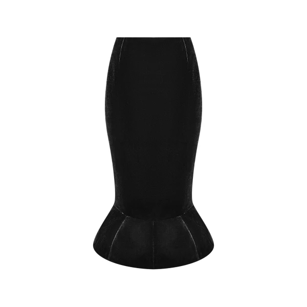 Velvet Midi Skirt with a Yoke in Black