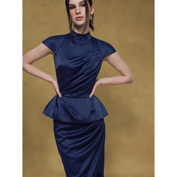 Rasario Crepe Satin Draped Top in Blue, view 3