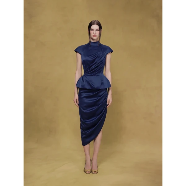 Rasario Crepe Satin Draped Top in Blue, view 4