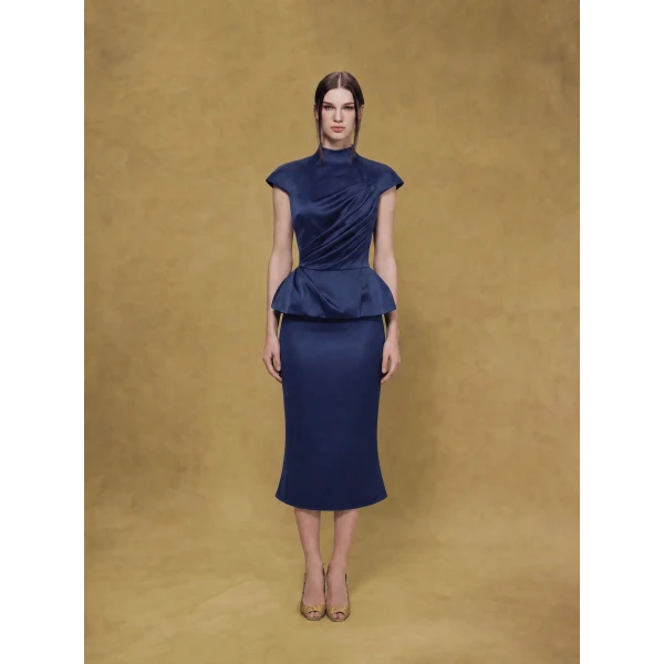 Rasario Crepe Satin Midi Skirt in Blue, view 3