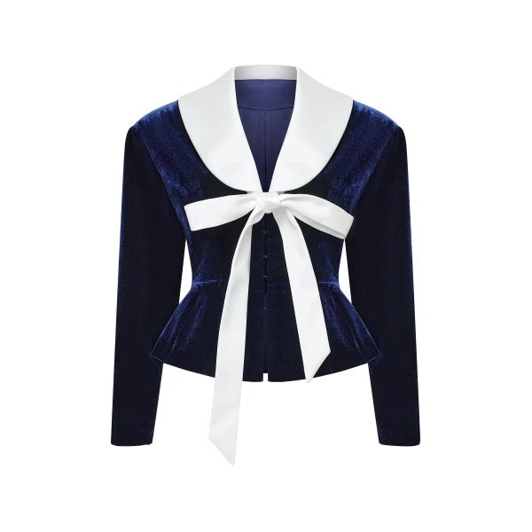 Velvet Fitted Jacket with Satin Collar in Dark Blue