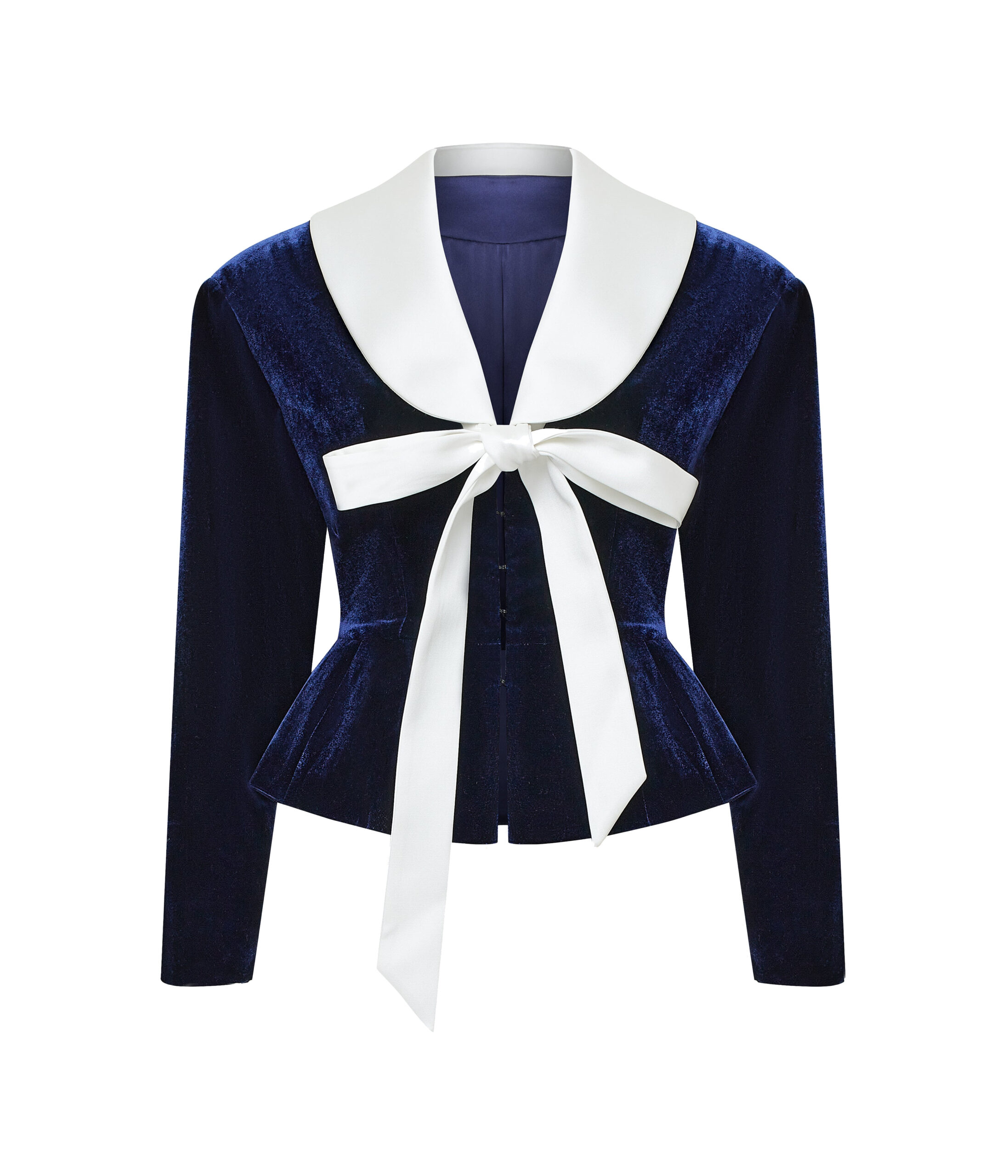 Velvet Fitted Jacket with Satin Collar in Dark Blue