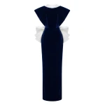 Rasario Velvet Maxi Dress with an Open Back and Satin Bow in Dark Blue