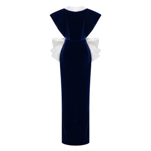 Rasario Velvet Maxi Dress with an Open Back and Satin Bow in Dark Blue