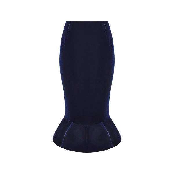 Velvet Midi Skirt with a Yoke in Dark Blue