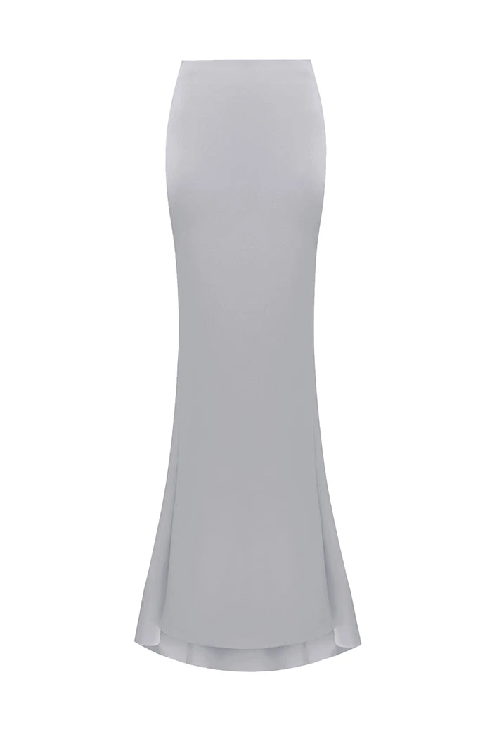 Draped Satin Maxi Skirt with a Train in Grey