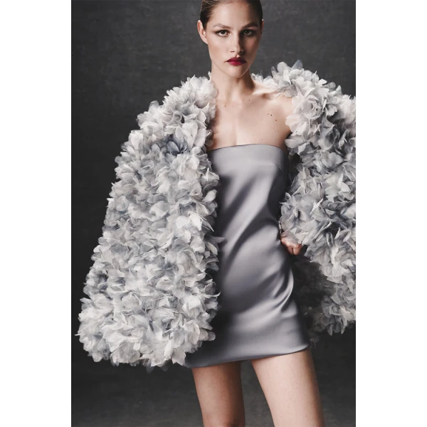 Rasario Voluminous Cape with Floral Trim in Grey, view 3