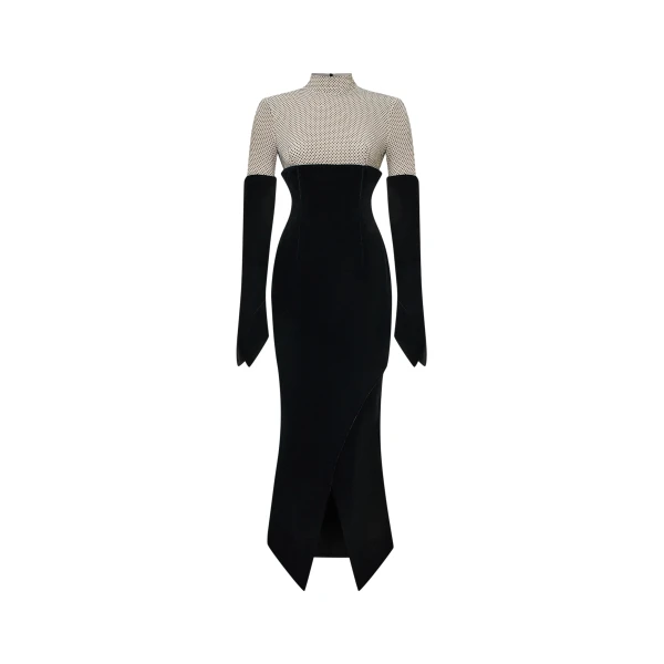 Rasario Crystal-Embellished Velvet Midi Dress in Black and Beige