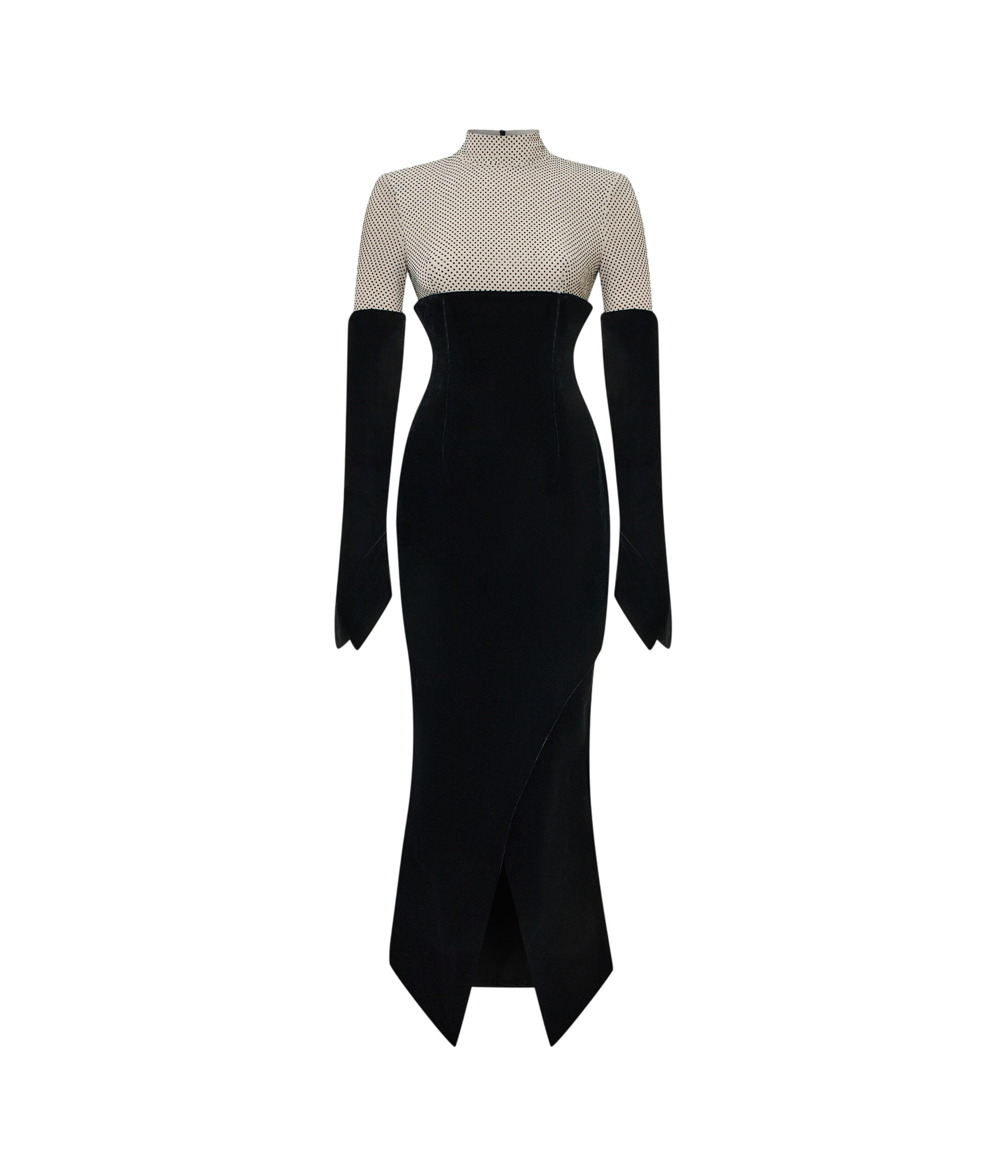 Crystal-Embellished Velvet Midi Dress in Black and Beige