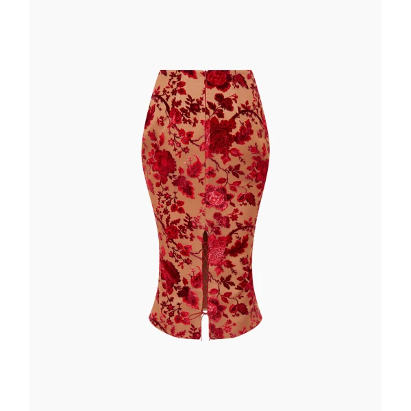 Rasario Devoré Velvet Midi Skirt in Red and Beige, view 2