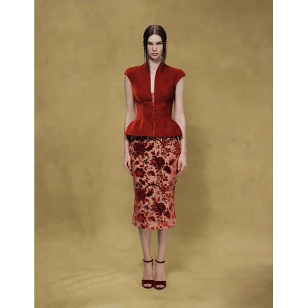 Rasario Devoré Velvet Midi Skirt in Red and Beige, view 3
