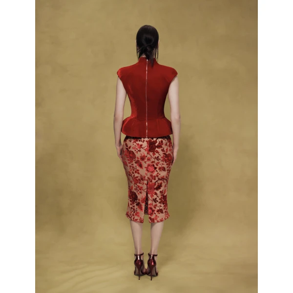 Rasario Devoré Velvet Midi Skirt in Red and Beige, view 4