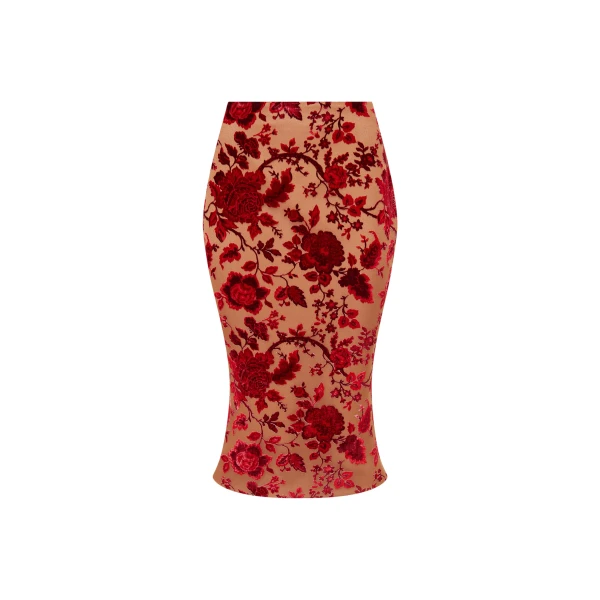Devoré Velvet Midi Skirt in Red and Beige