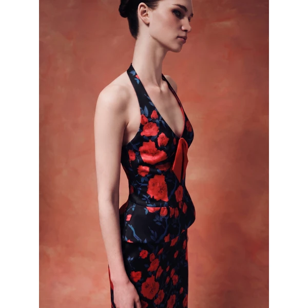 Rasario Floral Crepe Satin Halterneck Dress in Black, view 4