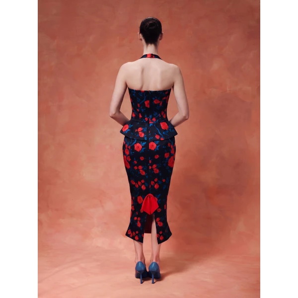 Rasario Floral Crepe Satin Halterneck Dress in Black, view 5