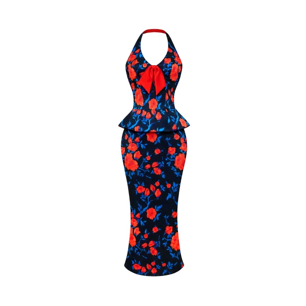 Floral Crepe Satin Halterneck Dress in Black