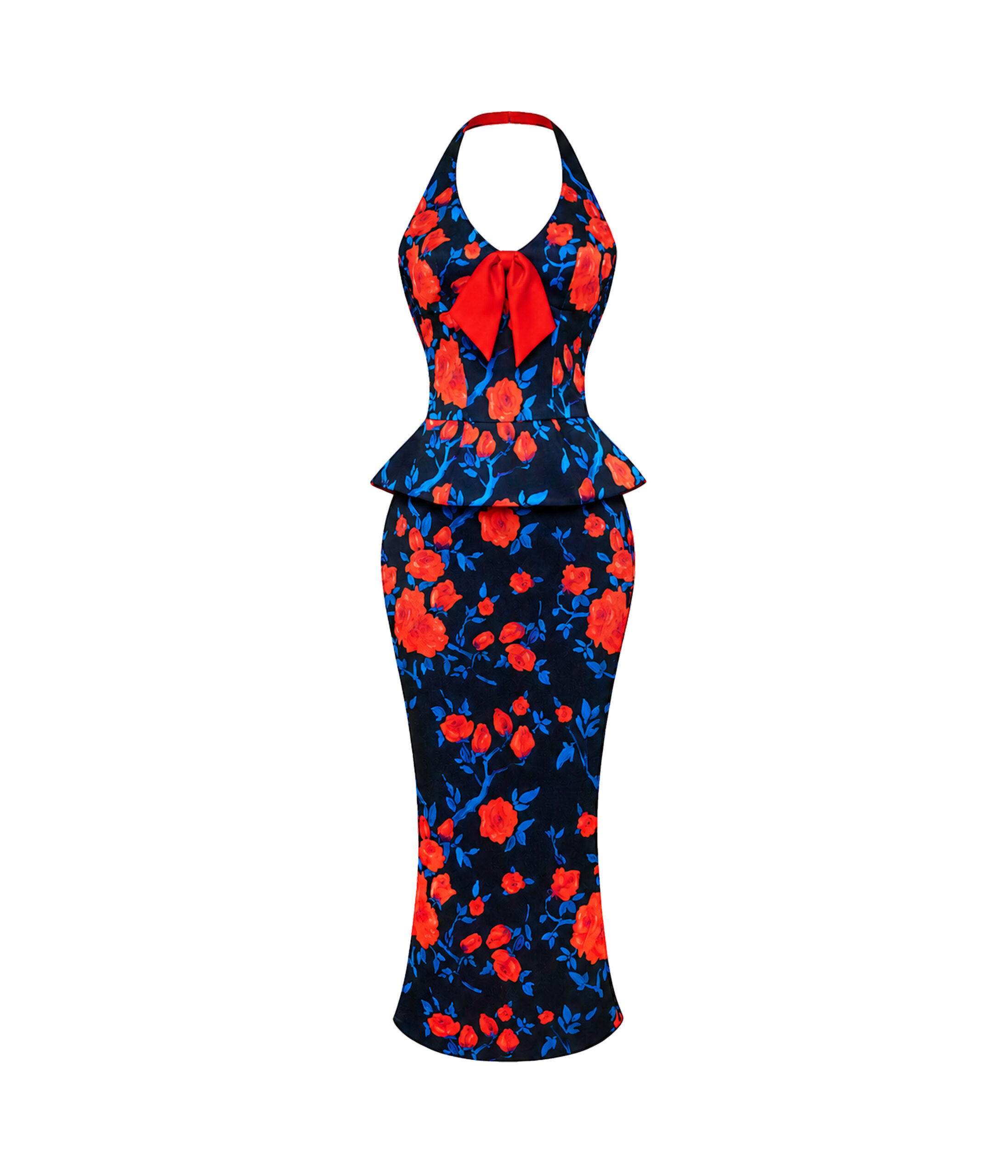 Floral Crepe Satin Halterneck Dress in Black