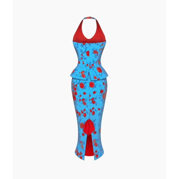 Rasario Floral Crepe Satin Halterneck Dress in Blue, view 2