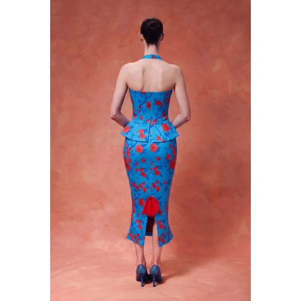Rasario Floral Crepe Satin Halterneck Dress in Blue, view 5