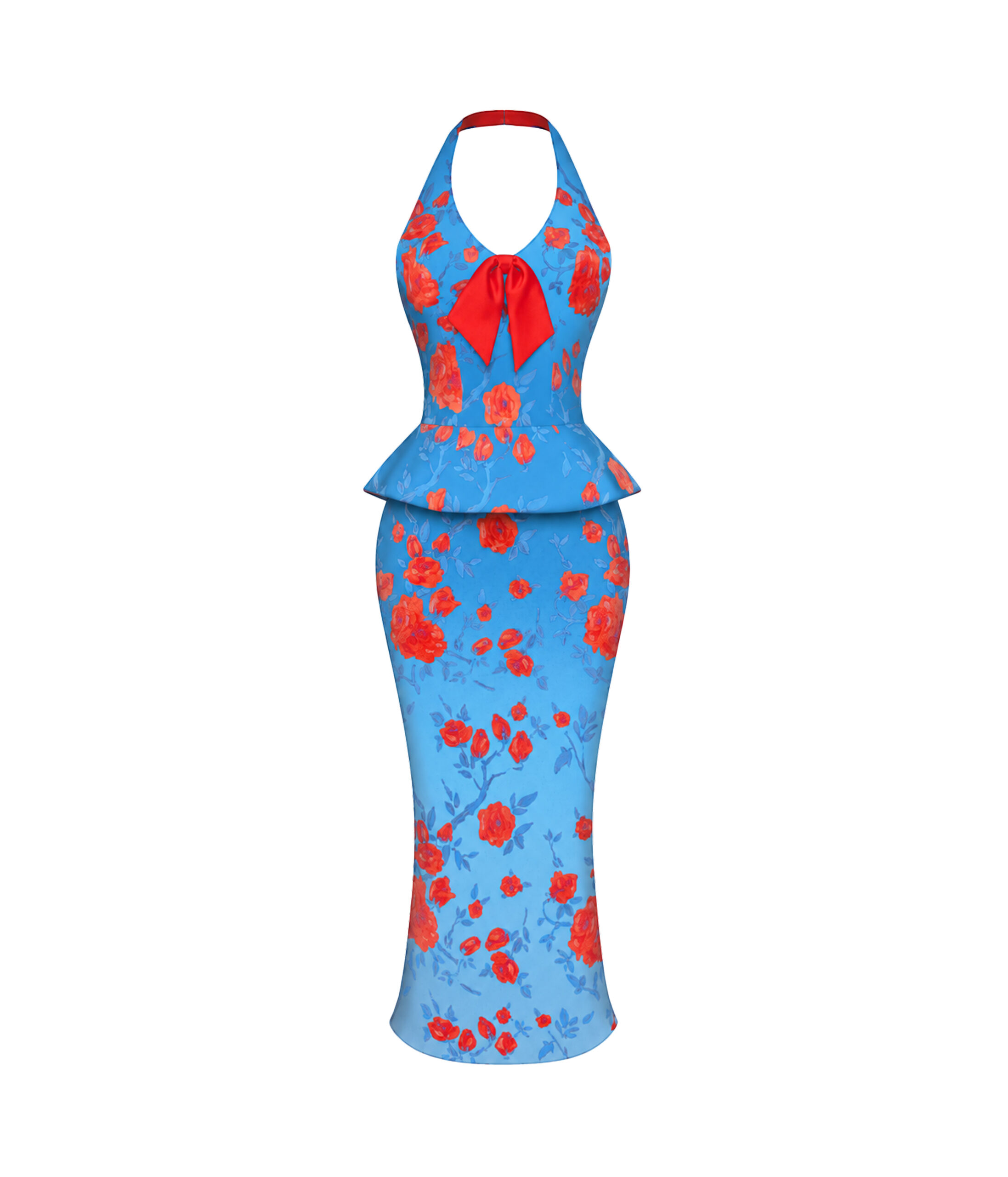 Floral Crepe Satin Halterneck Dress in Blue