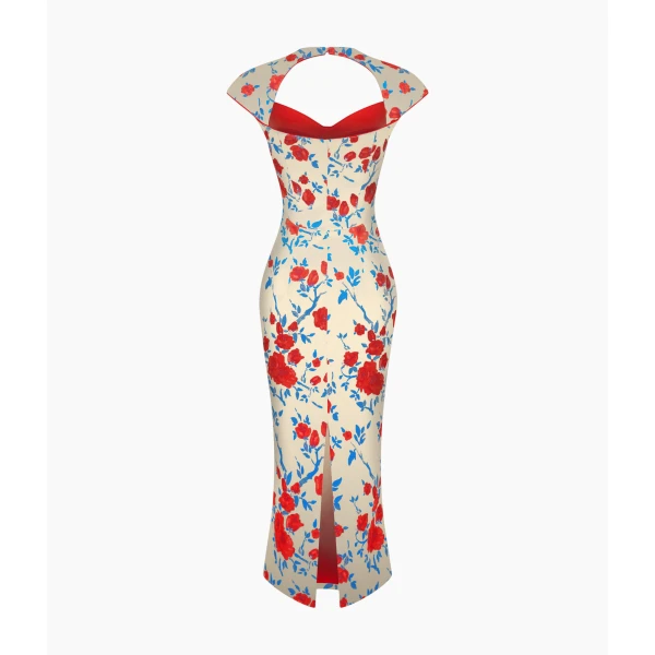Rasario Floral Satin Midi Dress in Beige, view 2