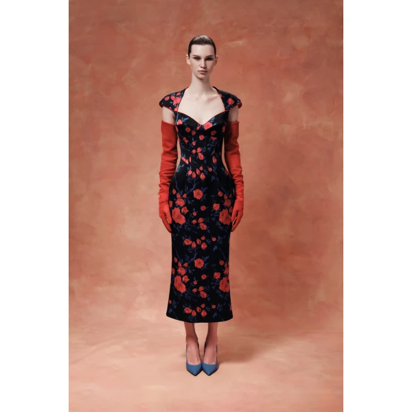 Rasario Floral Satin Midi Dress in Blue, view 3