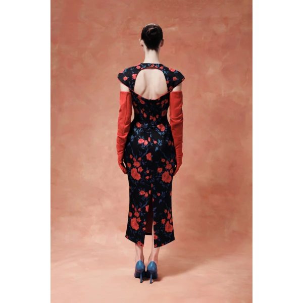 Rasario Floral Satin Midi Dress in Blue, view 4