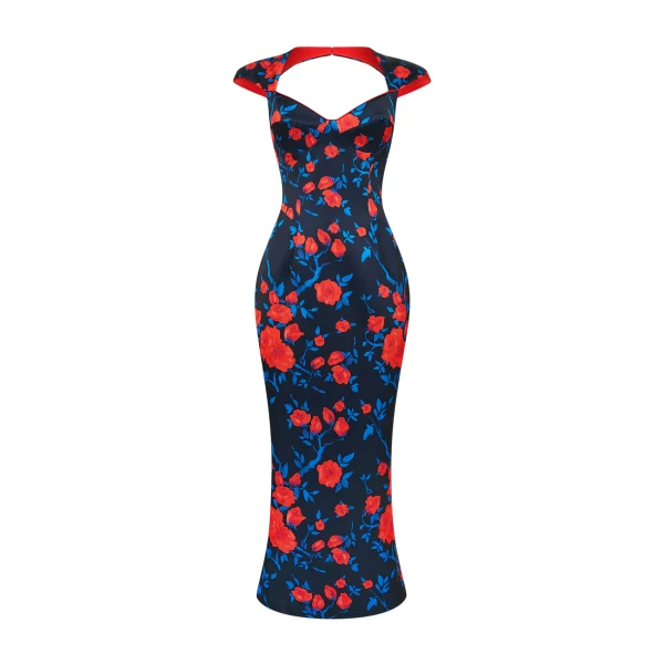 Floral Satin Midi Dress in Blue