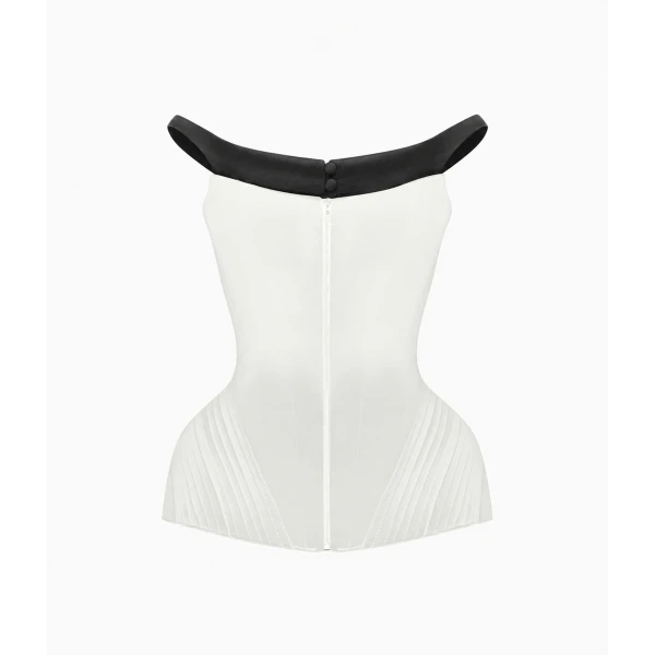 Rasario Off-the-Shoulder Satin Corset Top with Sculpted Hip Panniers in White and Black, view 2