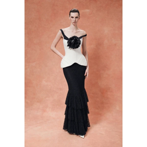 Rasario Off-the-Shoulder Satin Corset Top with Sculpted Hip Panniers in White and Black, view 4