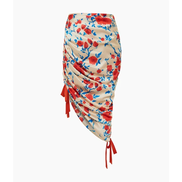 Rasario Printed Crepe Satin Draped Skirt in Beige, view 2