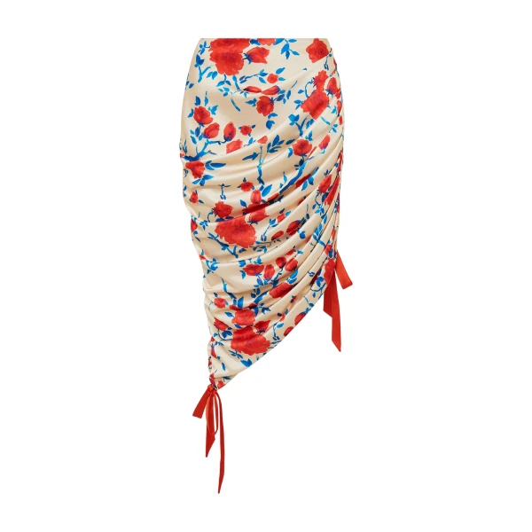 Printed Crepe Satin Draped Skirt in Beige