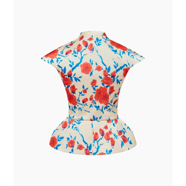 Rasario Printed Crepe Satin Draped Top in Beige, view 2