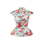 Rasario Printed Crepe Satin Draped Top in Beige