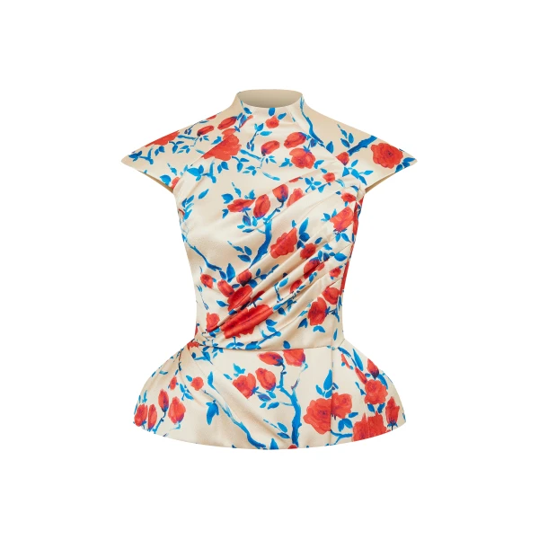 Rasario Printed Crepe Satin Draped Top in Beige