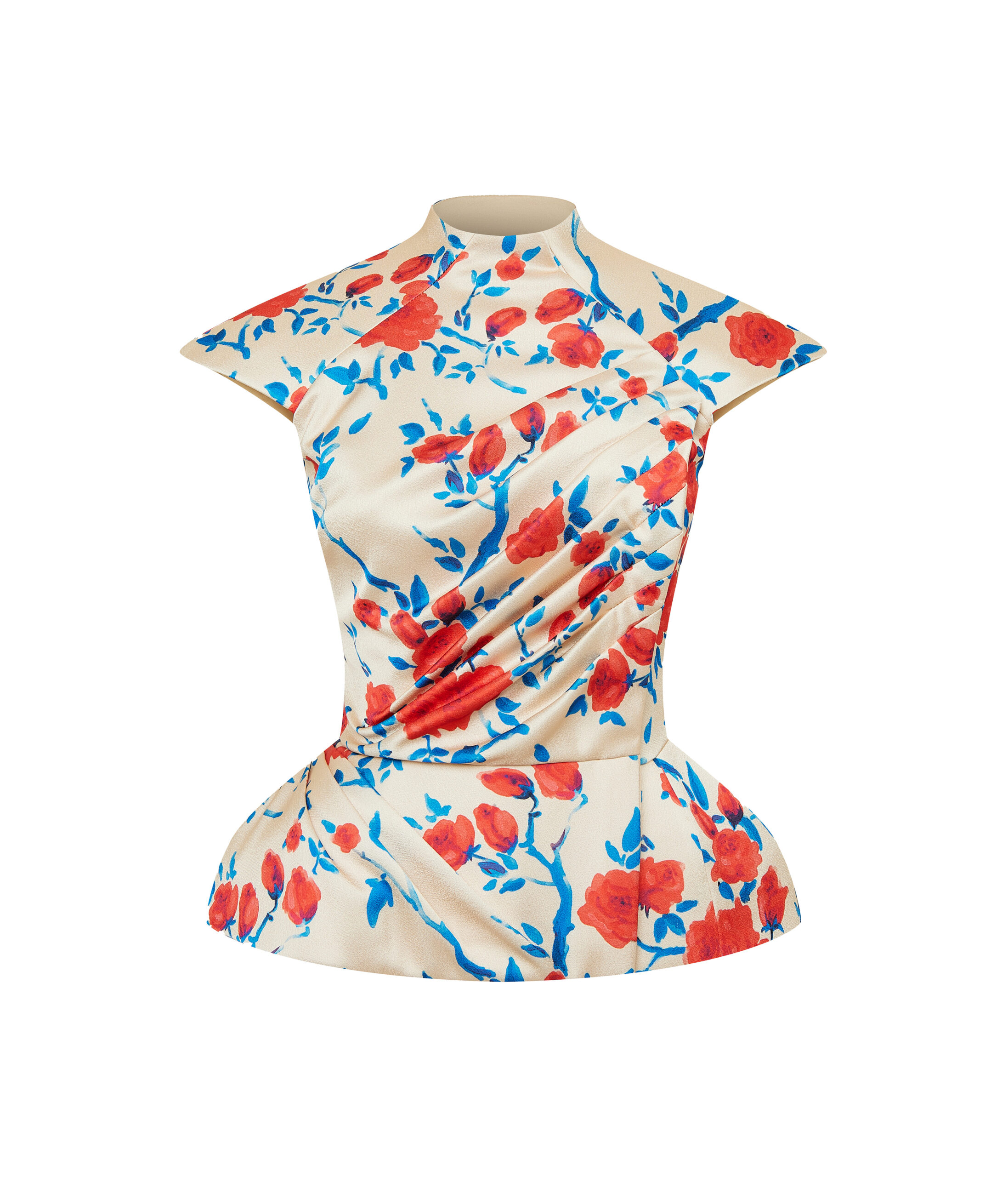 Printed Crepe Satin Draped Top in Beige