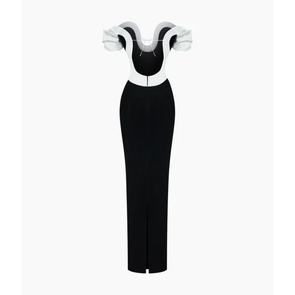 Rasario Velvet Maxi Dress with a Sculpted Neckline and Open Back in Black and White, view 2
