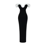 Rasario Velvet Maxi Dress with a Sculpted Neckline and Open Back in Black and White