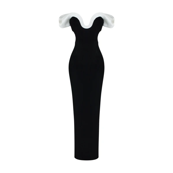 Rasario Velvet Maxi Dress with a Sculpted Neckline and Open Back in Black and White