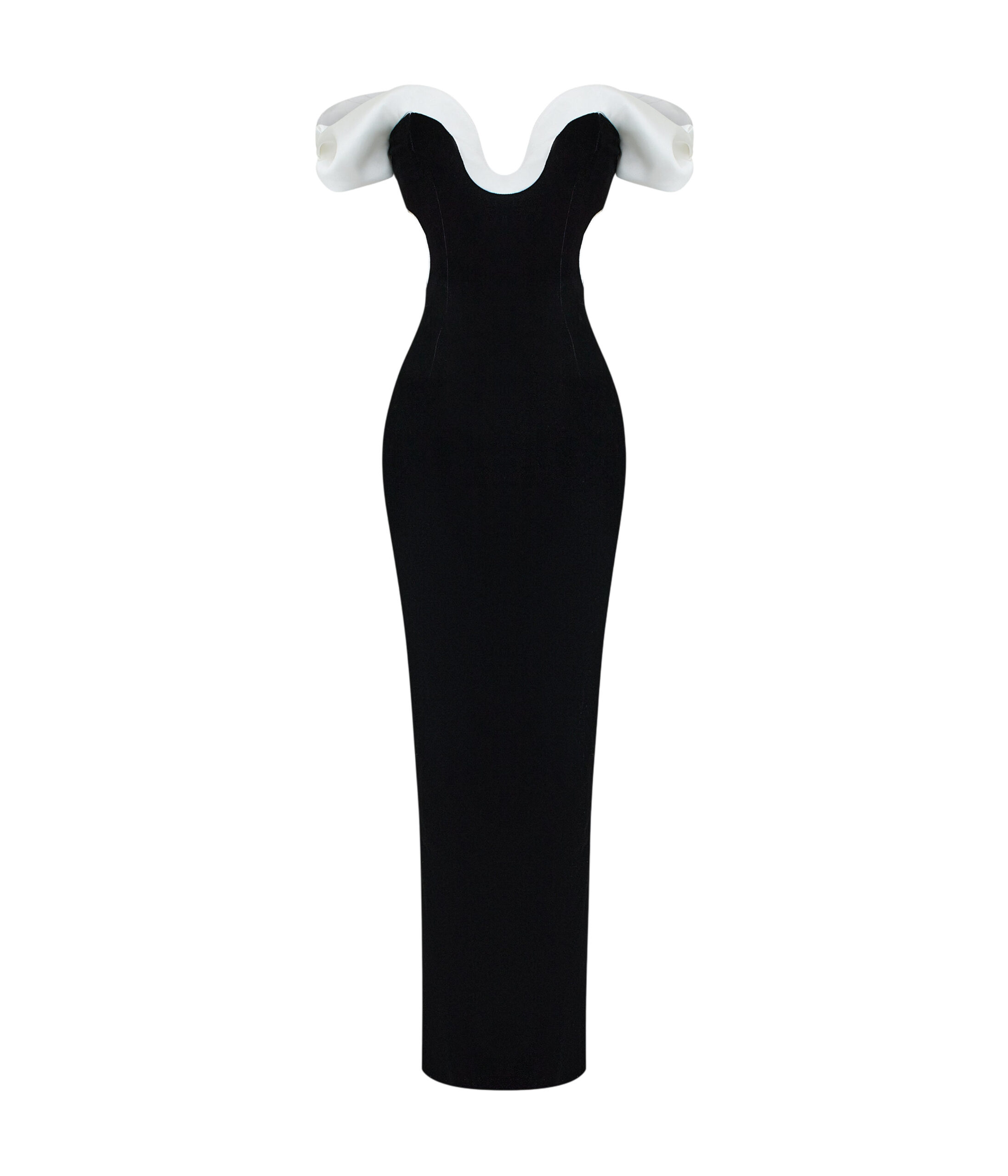 Velvet Maxi Dress with a Sculpted Neckline and Open Back in Black and White