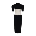 Rasario Velvet Midi Dress with Contrast Corset in Black and Beige